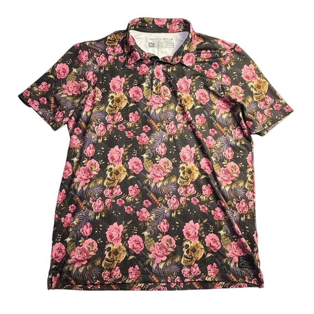 Grunt Style Mens XL Floral Skull Grenade Performance Polo Shirt Tactical-2335